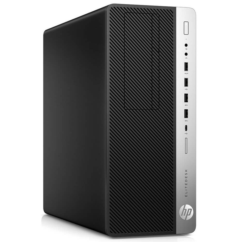 Zwarte HP EliteDesk PC-toren met zilveren voorpaneel en USB-poorten.