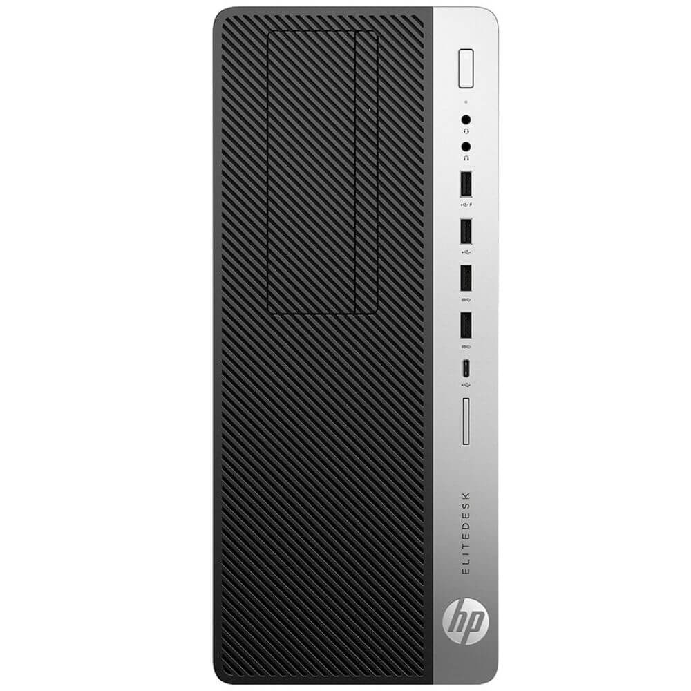 Een zwarte HP Elitedesk toren met zilveren poorten en het HP logo.