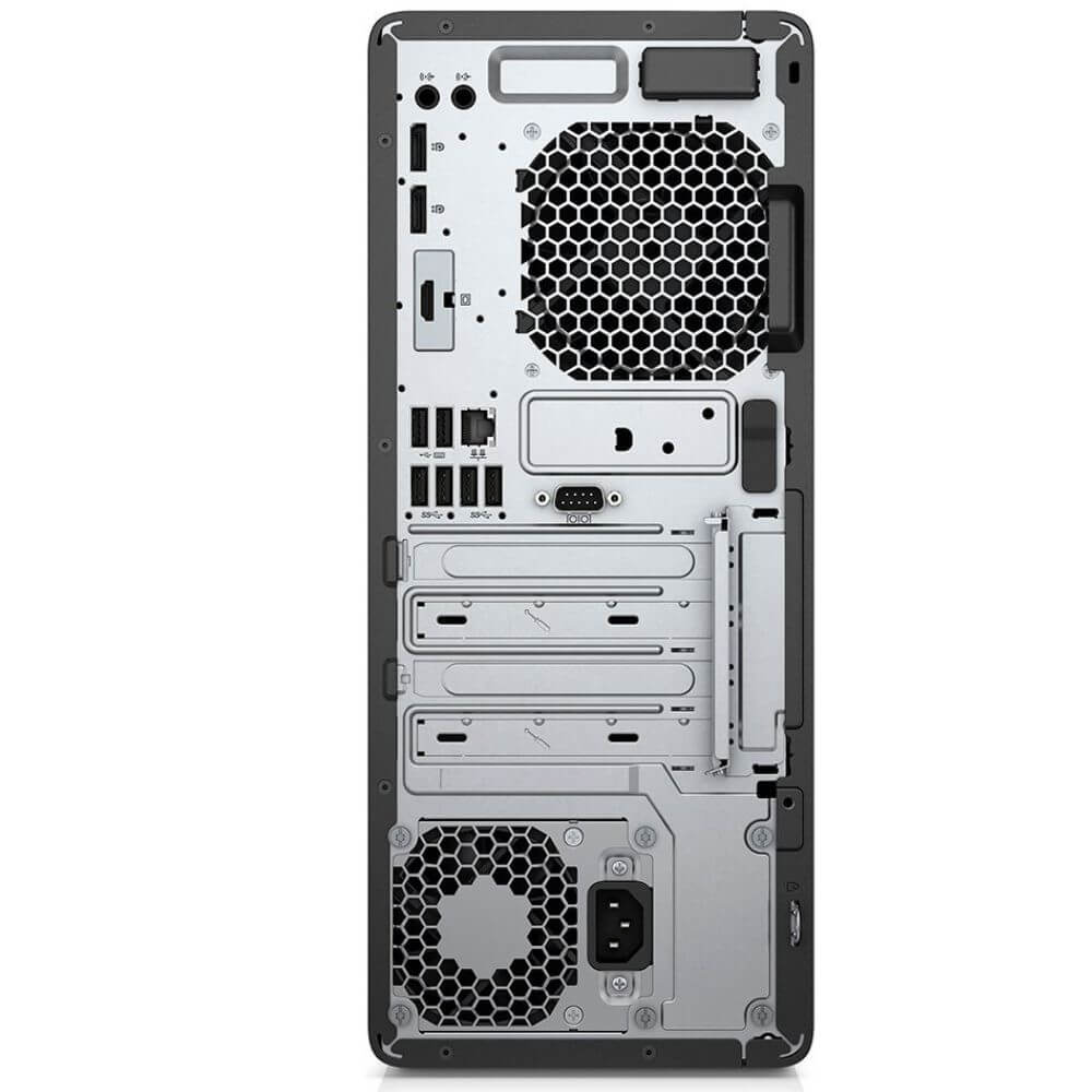 Achterkant van een computer met poorten, ventilatoren en uitbreidingsslots.