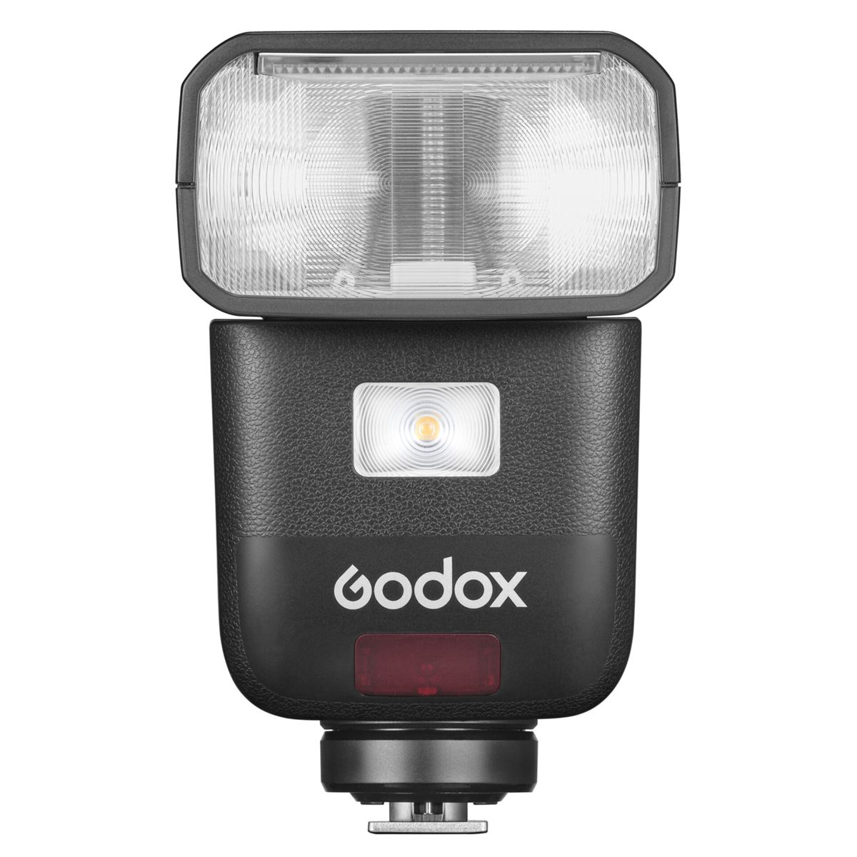 A black camera flash with a Godox logo and red light.