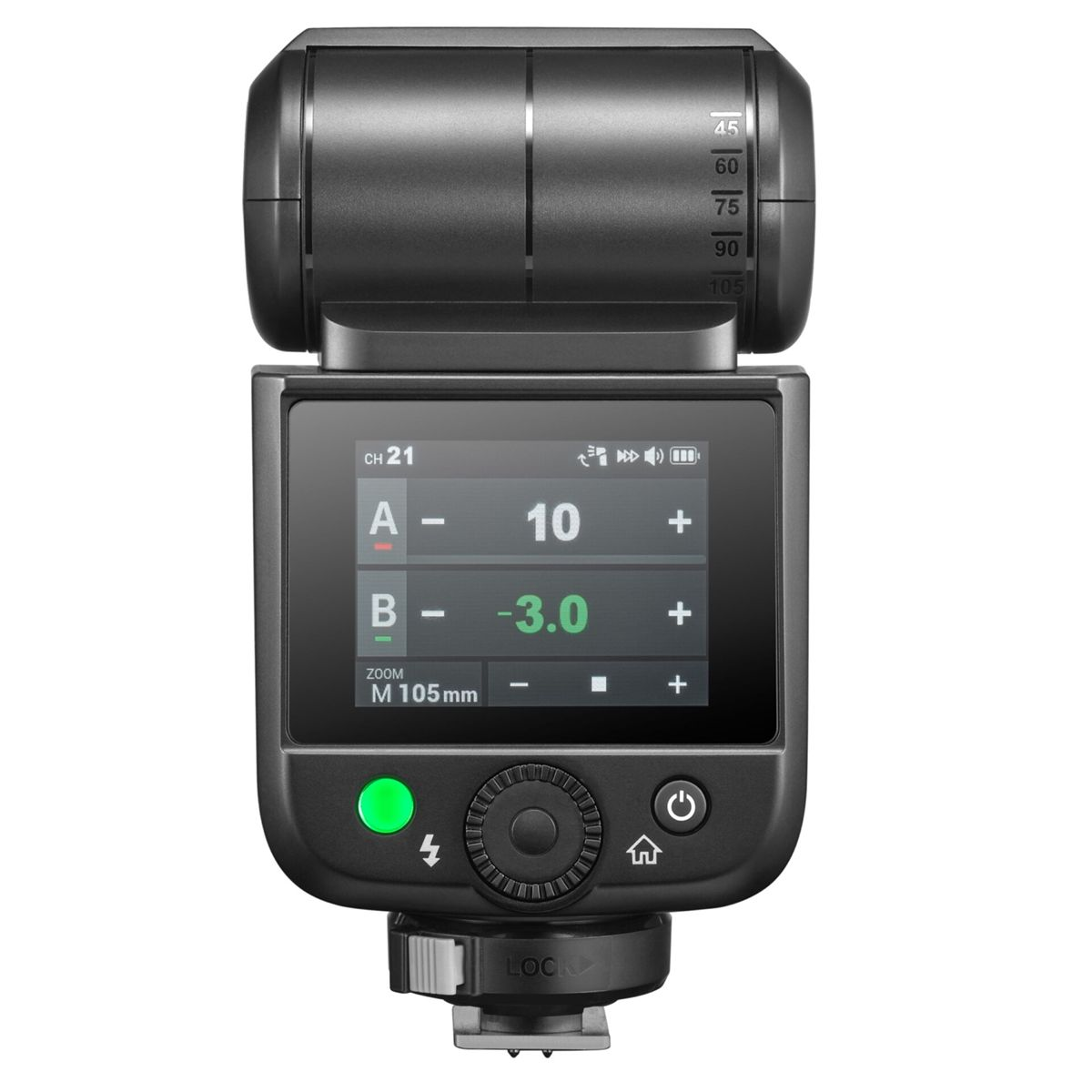 Schwarzlichtblitzgerät mit LCD-Display, das Kanäle und Zoom anzeigt.