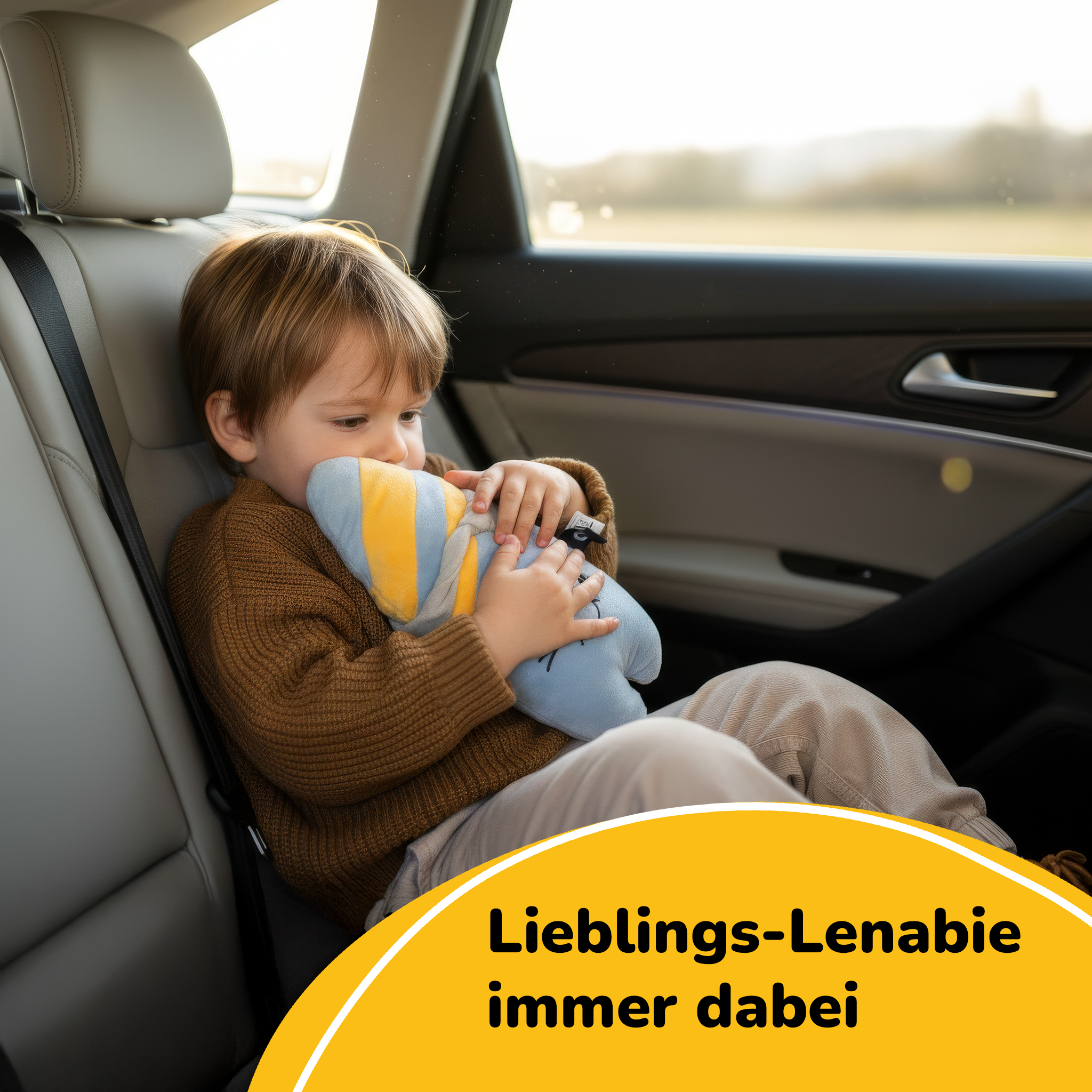 Ein kleiner Junge sitzt im Auto und hält ein Stofftier.