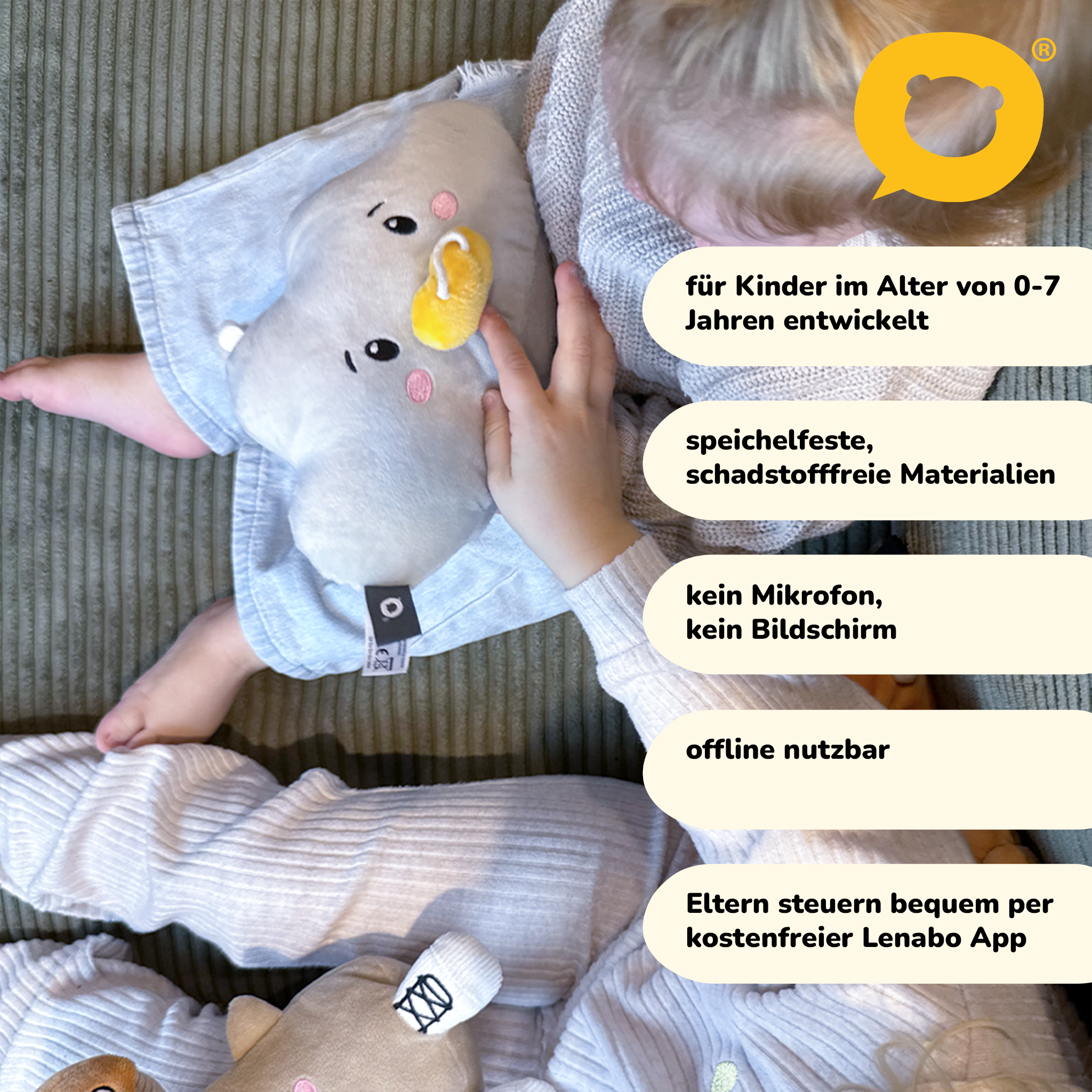 Ein Kind hält ein graues Stofftier. "0-7 Jahre", "schadstofffrei", "offline nutzbar".