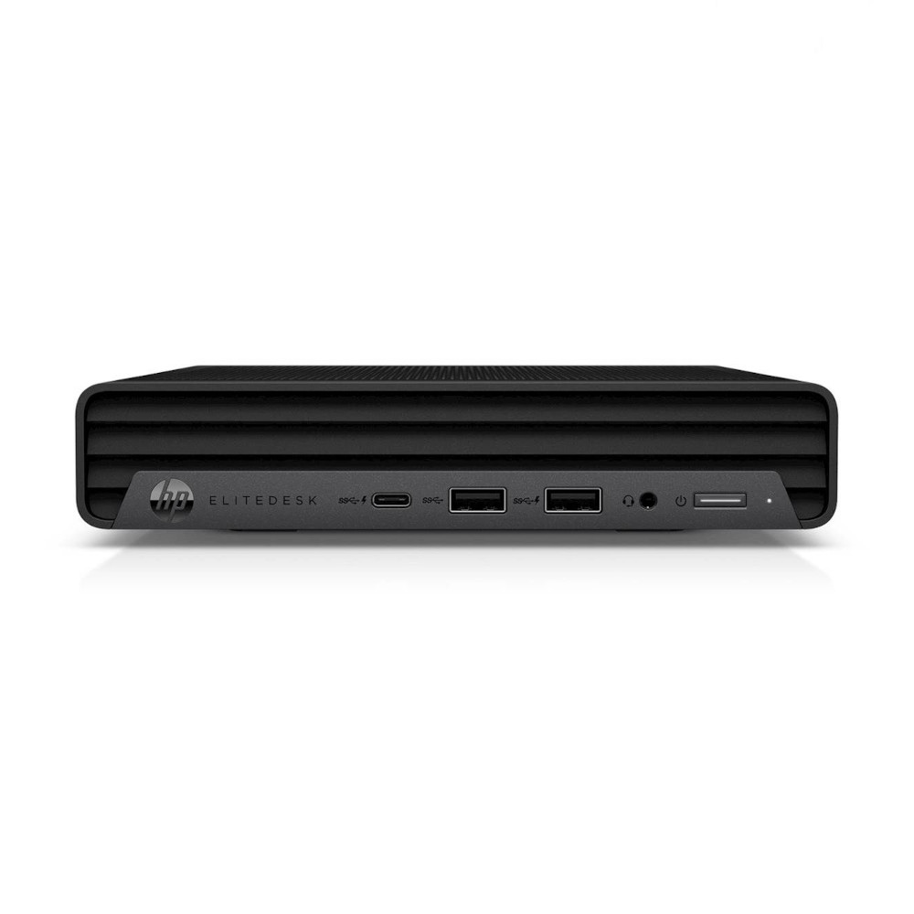 Mini PC HP Elitedesk negro con puertos frontales: USB-C, USB-A, jack auriculares, encendido.