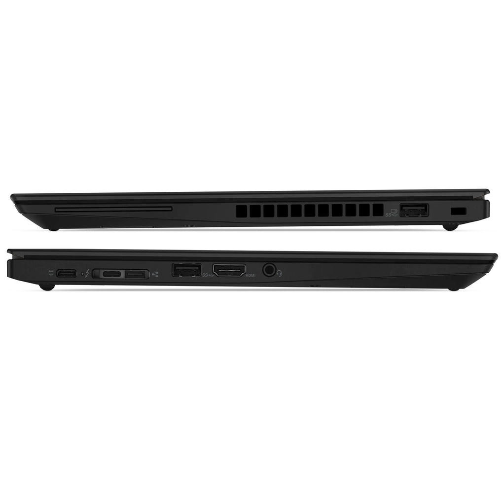 Vue de profil d'un ordinateur portable noir avec ports : USB-C, HDMI, USB-A.