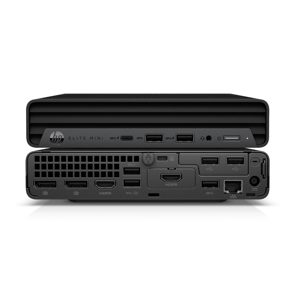 Dos HP Elite Mini PCs negros, vista trasera con puertos.