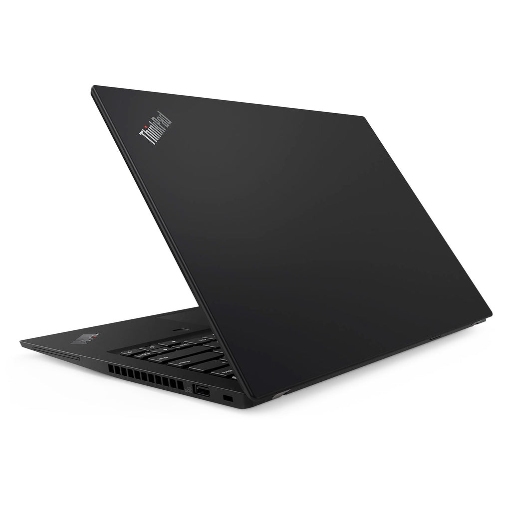 Un ordinateur portable ThinkPad noir est ouvert, montrant le clavier et un port USB.