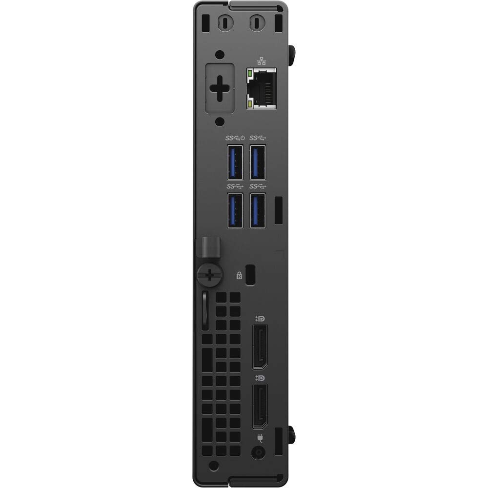 Parte trasera de una computadora negra con varios puertos: USB, Ethernet, DisplayPort.