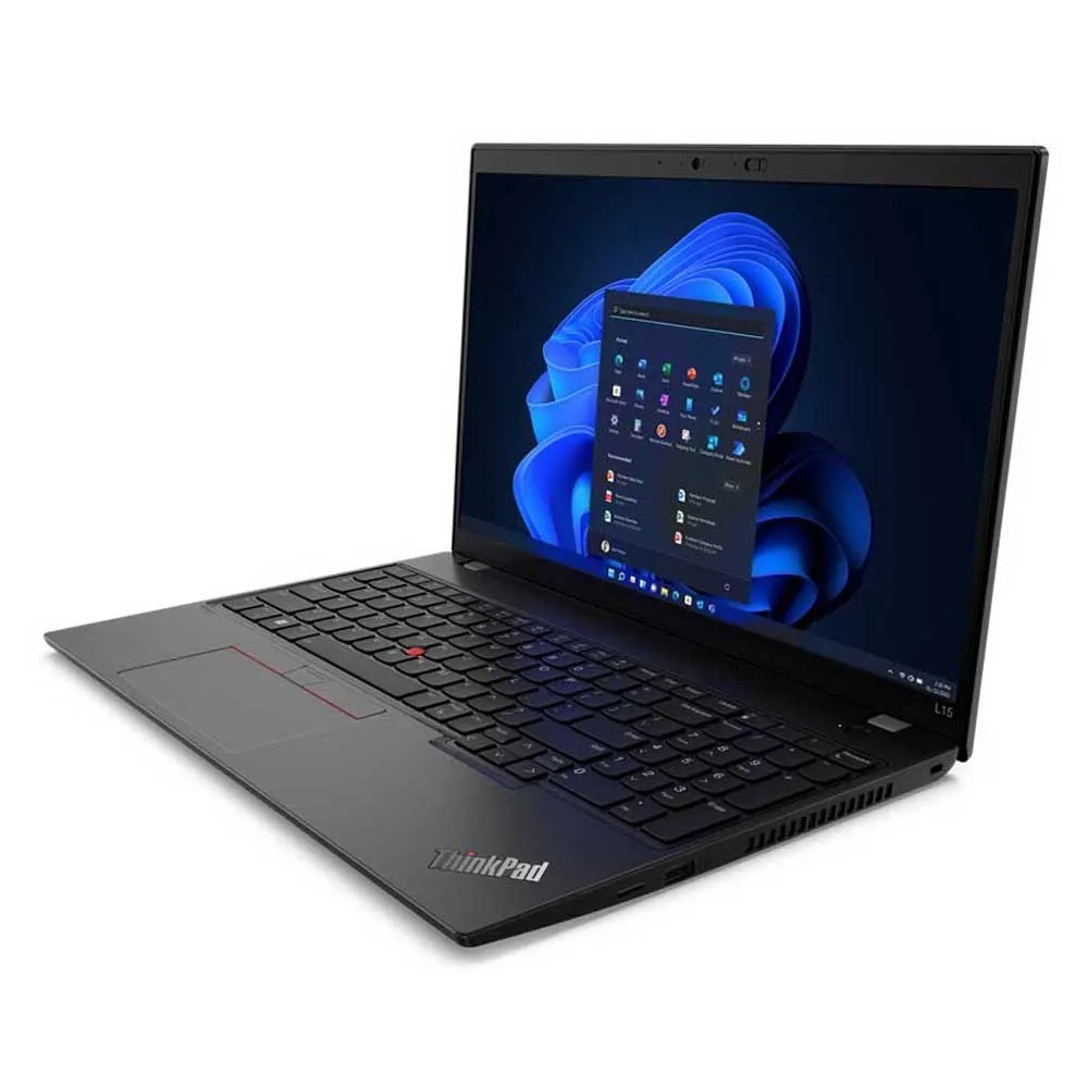 A black Lenovo ThinkPad laptop with its lid open, displaying the Windows interface.