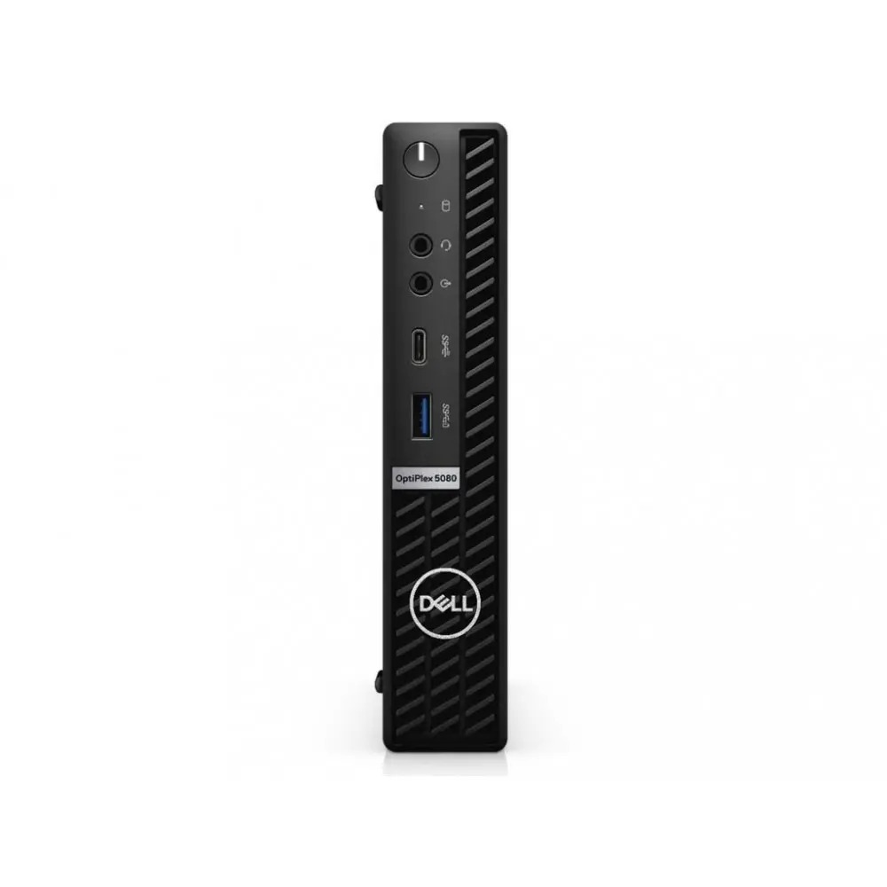 Pequeña computadora Dell OptiPlex 5080 negra con puertos y logo.