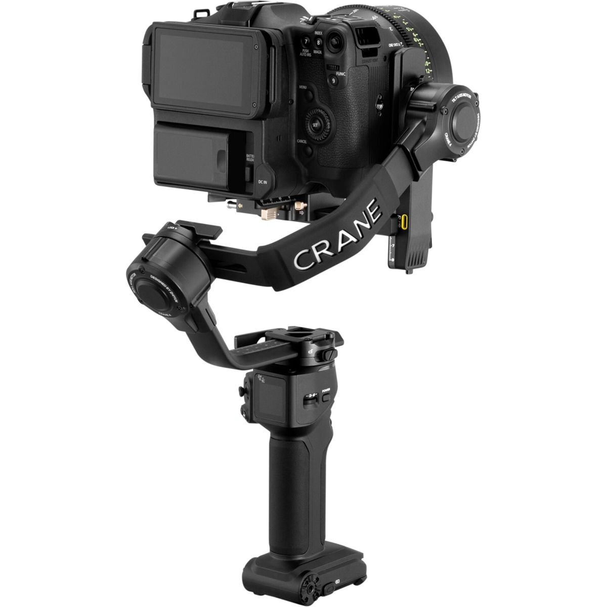 Ein schwarzer Kamera-Gimbal mit Kamera und Griff.