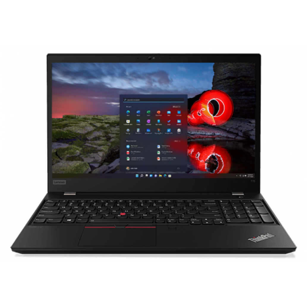 Un portátil Lenovo ThinkPad negro está abierto, mostrando un vibrante fondo de escritorio.