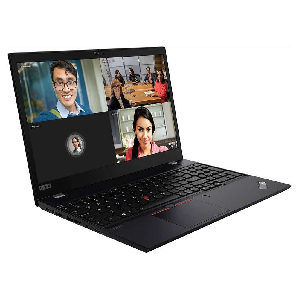 Portátil Lenovo negro mostrando una videoconferencia con cuatro personas.