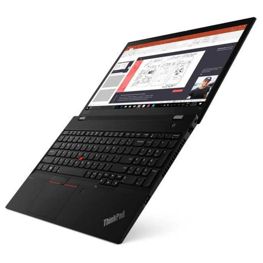 Un portátil ThinkPad negro con la pantalla abierta, mostrando una presentación.
