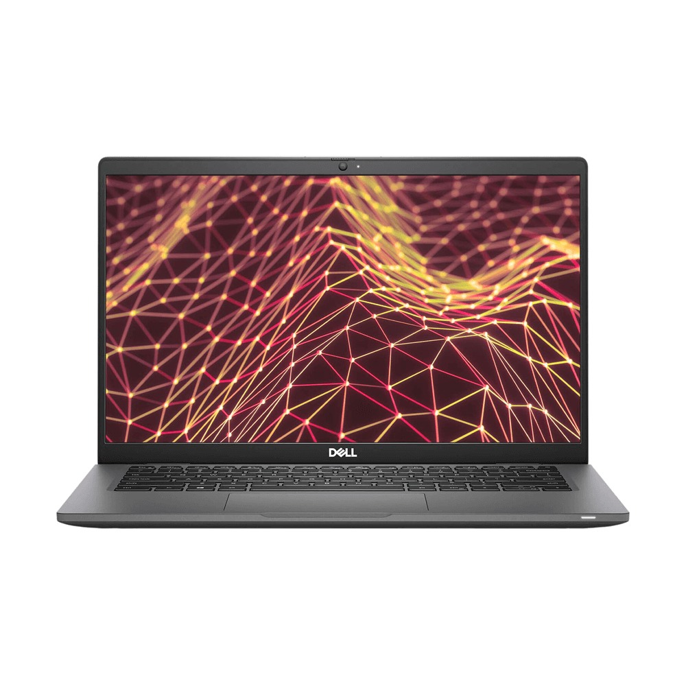 Een open, grijze Dell laptop met een abstracte netwerkgrafiek op het scherm.