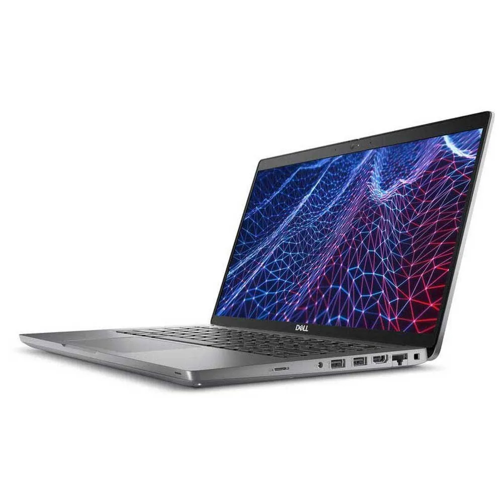 Un ordinateur portable Dell argenté avec son écran ouvert, affichant un graphique abstrait de réseau bleu et rouge.
