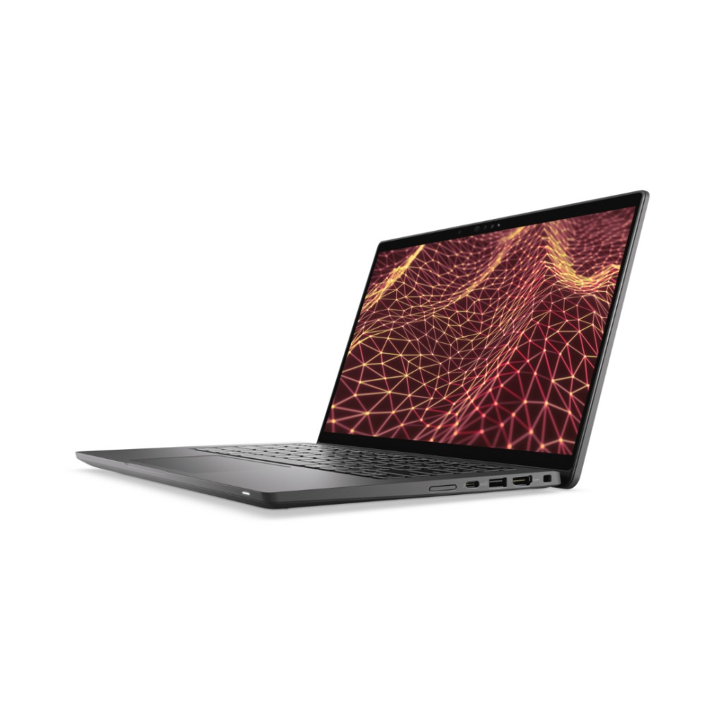 Een open laptop met een netwerkpatroon op het scherm, tegen een witte achtergrond.