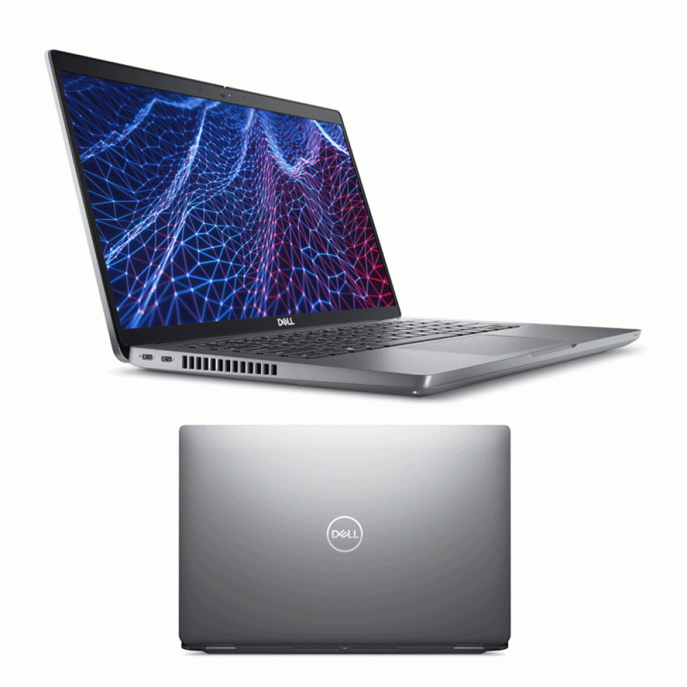 Un ordinateur portable Dell argenté vu de face et de dos sur fond blanc.