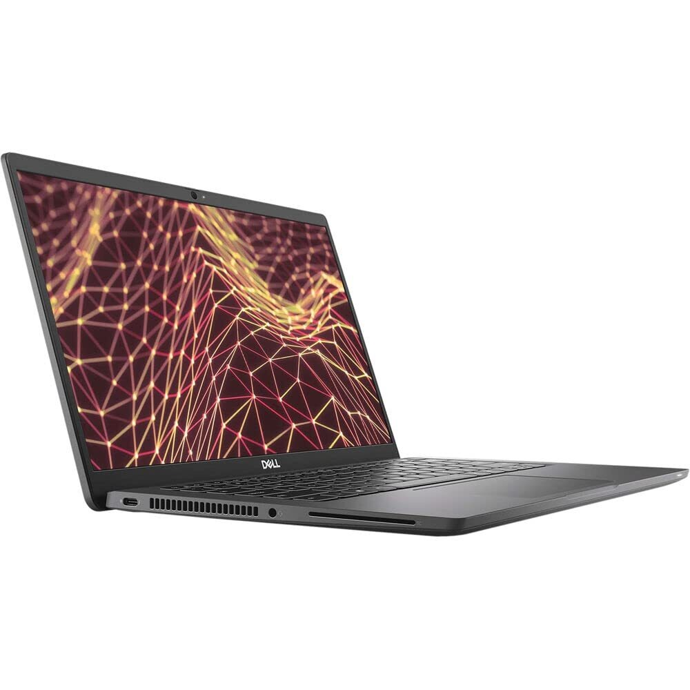 Een open zwarte Dell laptop met een abstract geometrisch patroon op het scherm.