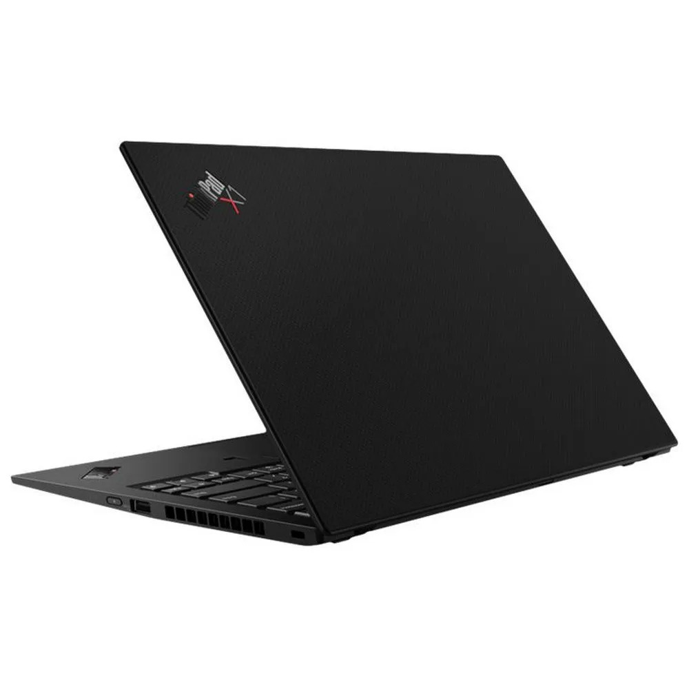 Ordinateur portable noir, partiellement ouvert, clavier et logo ThinkPad rouge.