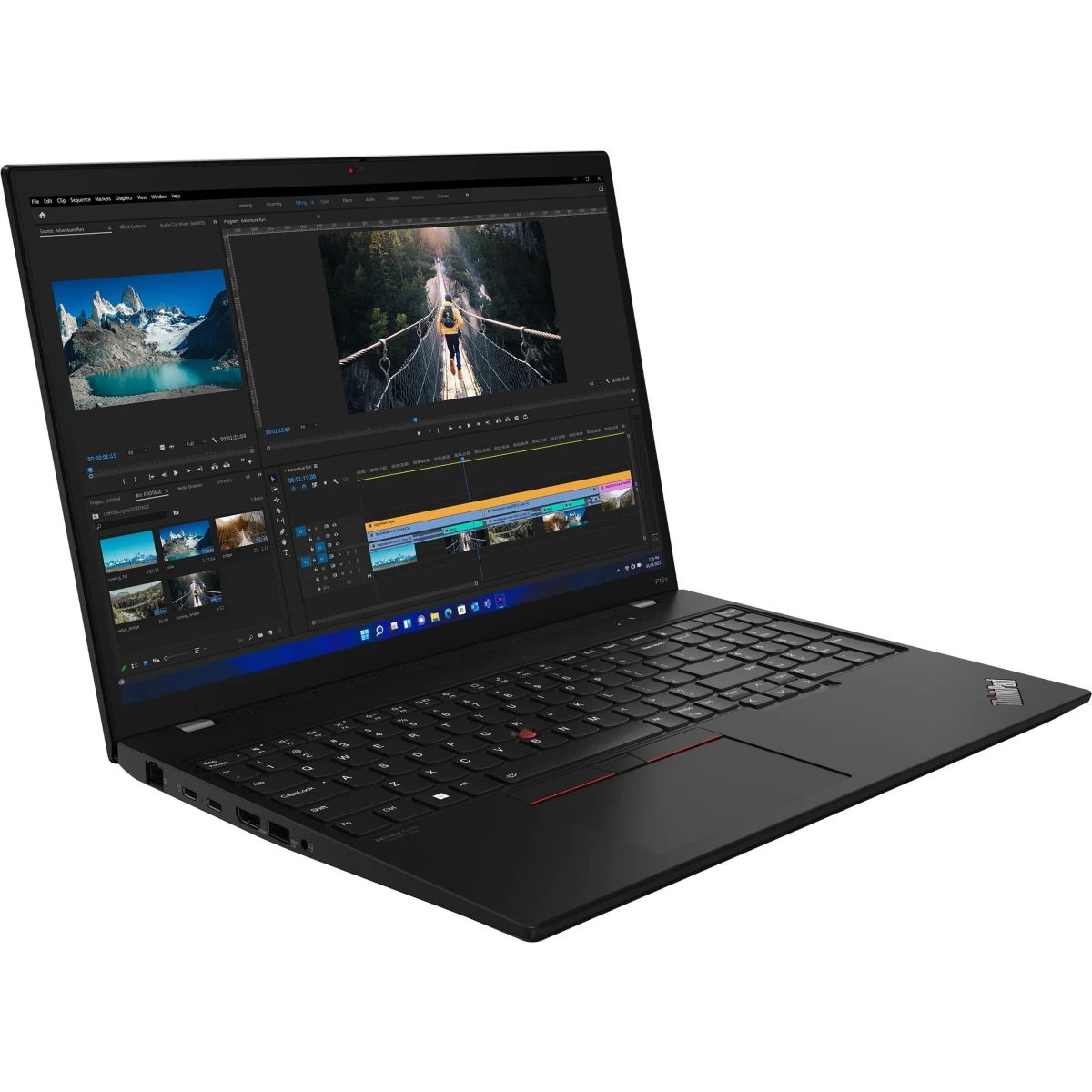 Zwarte laptop met open scherm waarop videobewerkingssoftware wordt weergegeven.
