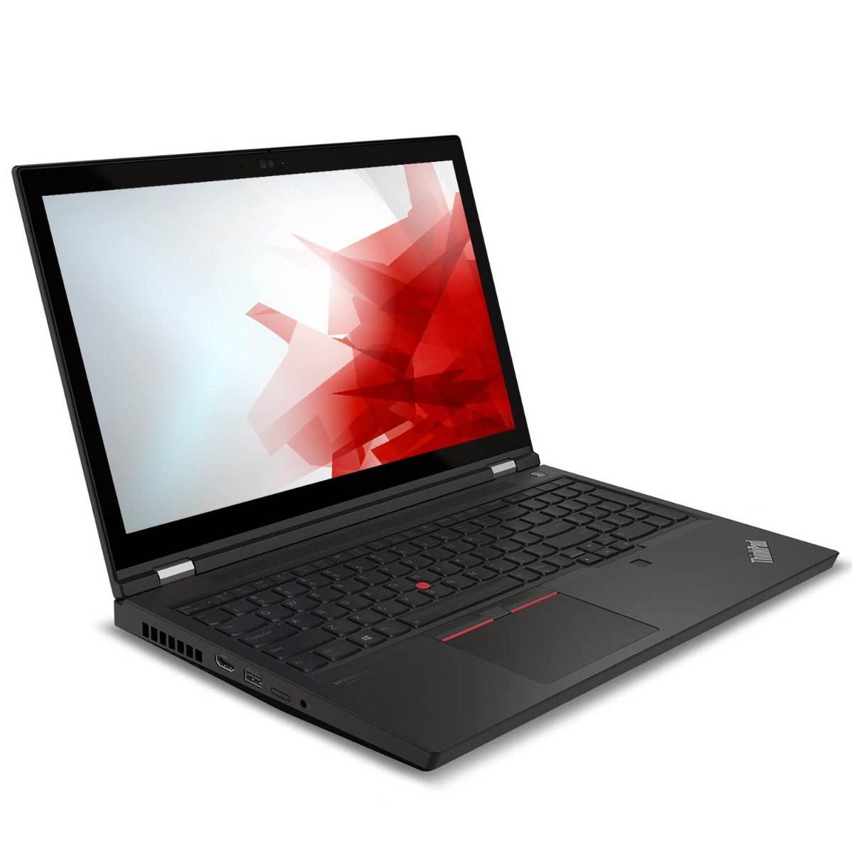 Zwarte laptop met rode abstracte achtergrond op het scherm.