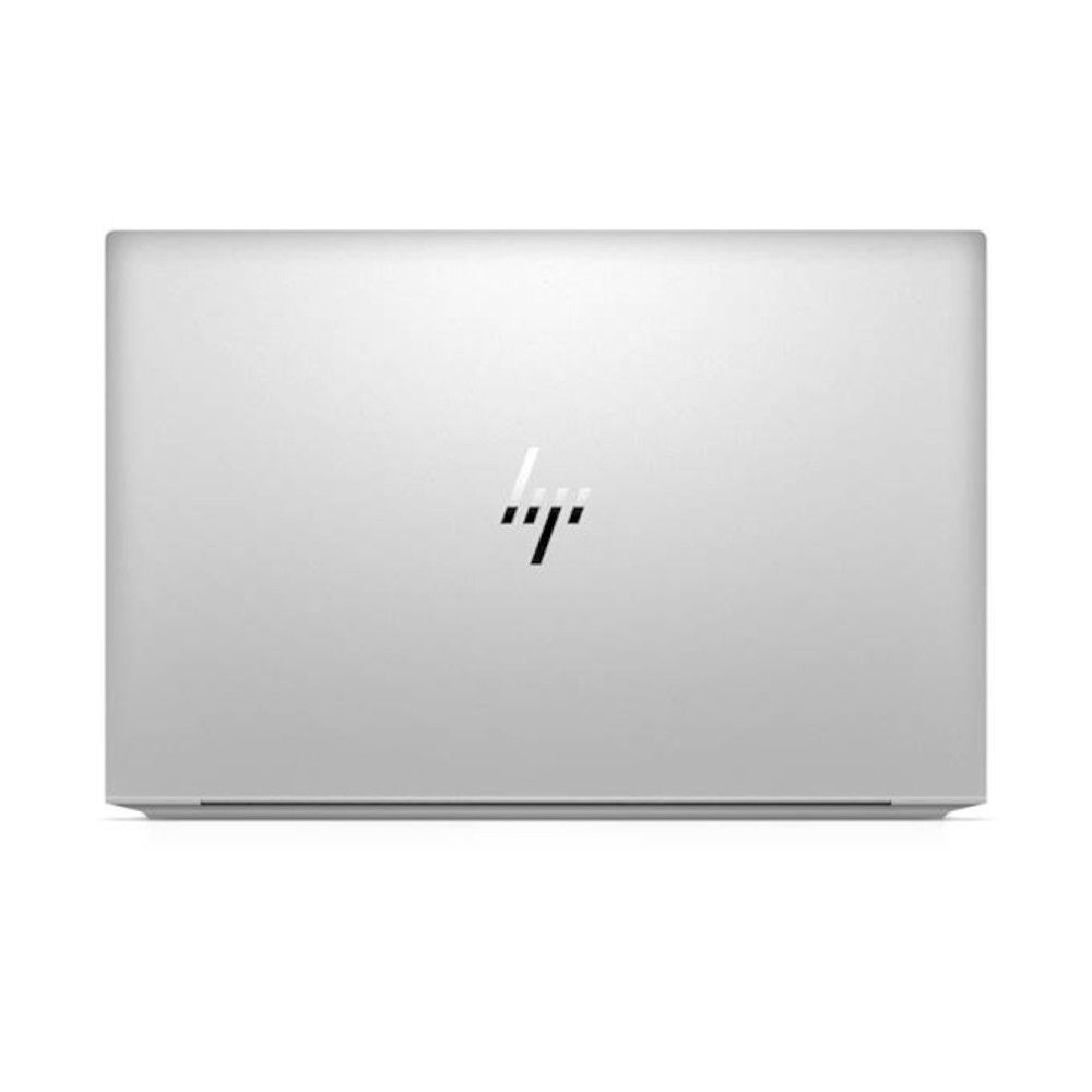 Un ordinateur portable HP argenté fermé, logo centré sur le capot.