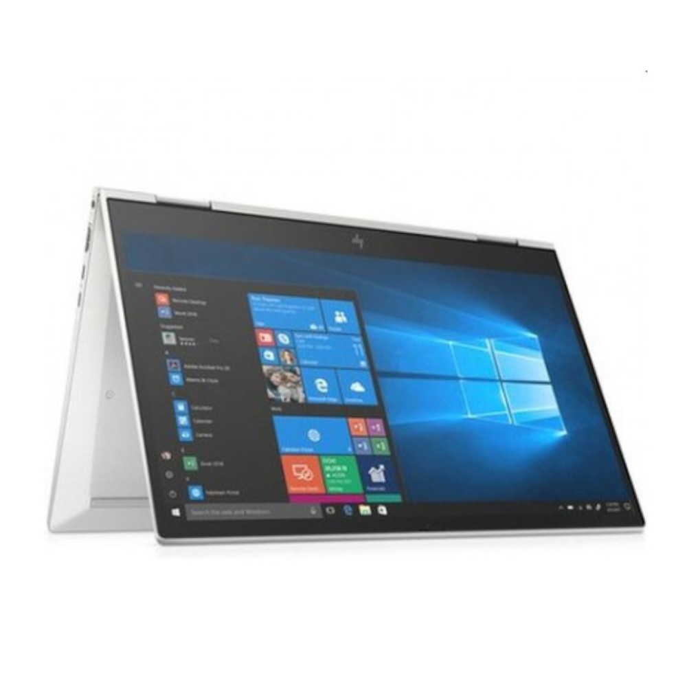 Un portátil HP plateado abierto que muestra la pantalla de inicio de Windows.
