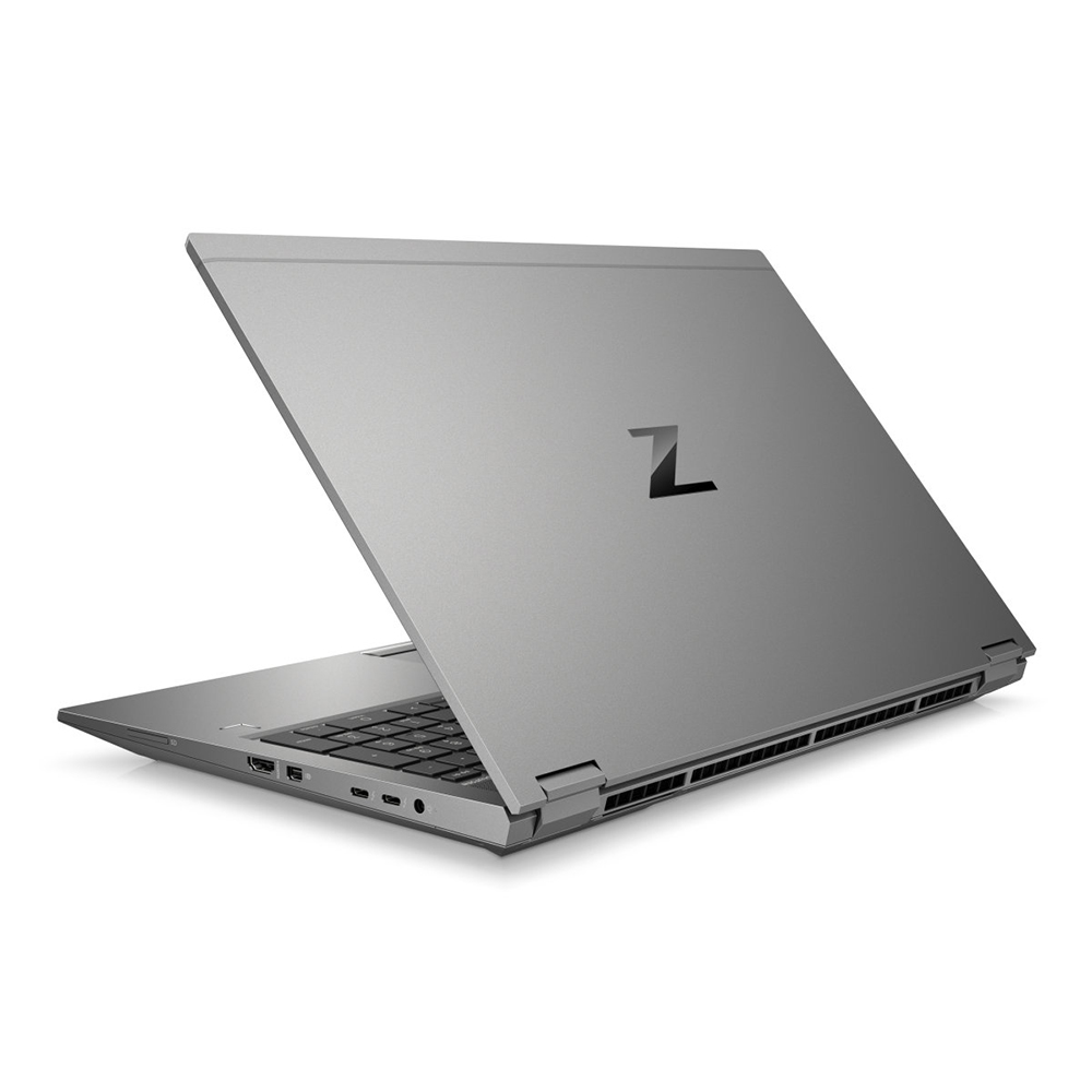 Grijze laptop met open deksel, zwart Z-logo op het deksel.