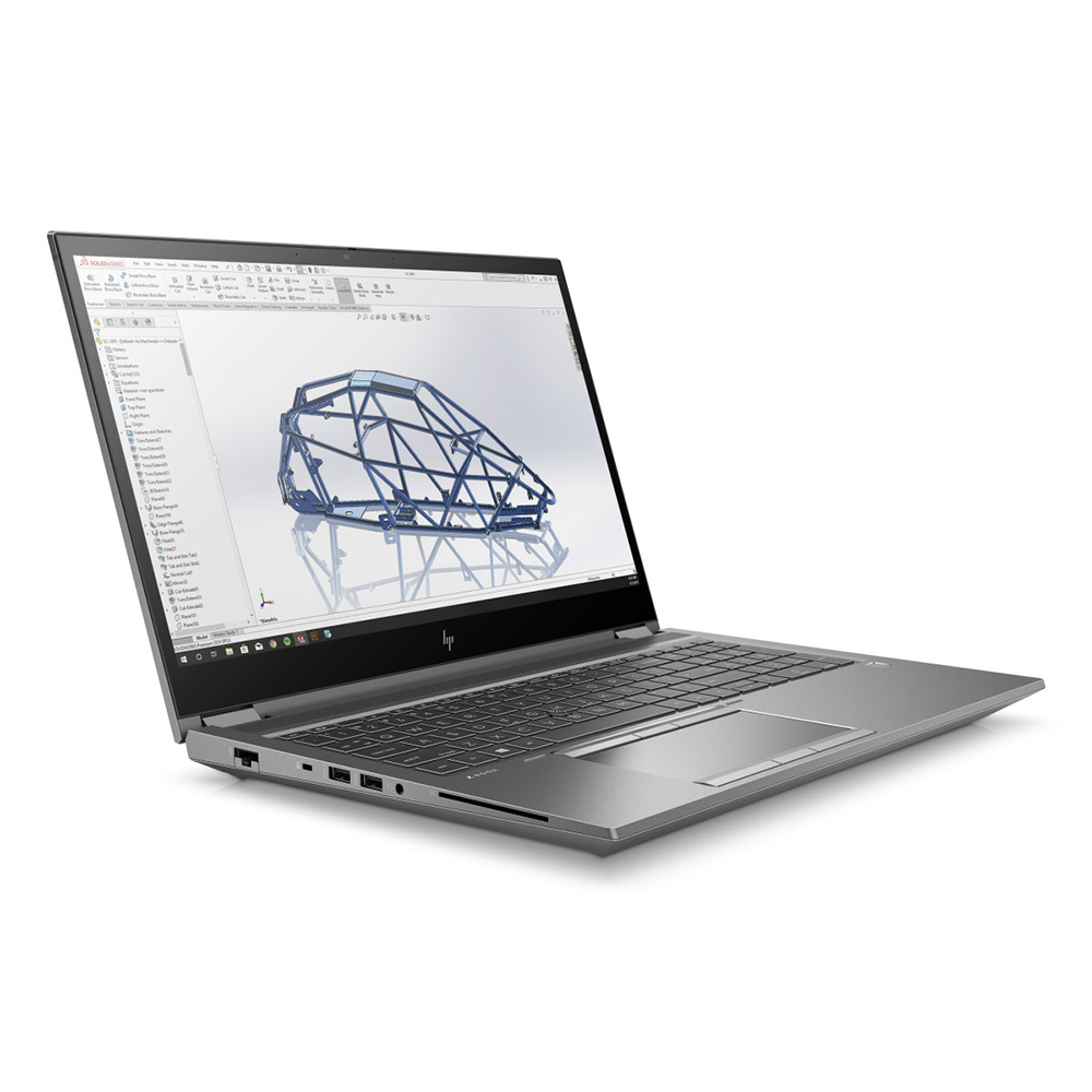 Een grijze HP laptop toont een 3D CAD-model van een metalen frame op het scherm.