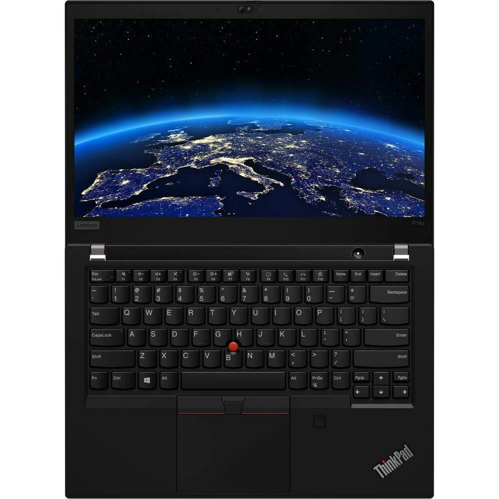 Un ordinateur portable Lenovo noir ouvert affichant une image de la Terre la nuit sur son écran.