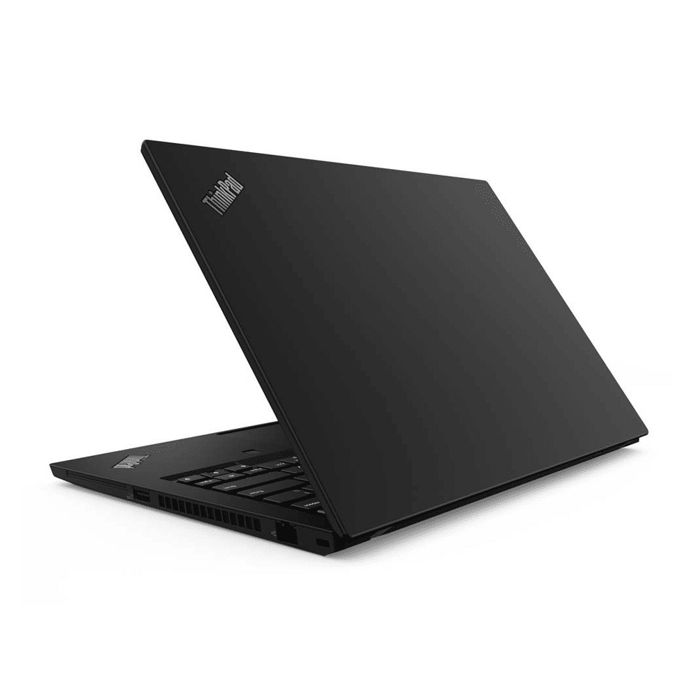 Ordinateur portable noir avec logo ThinkPad, partiellement ouvert, sur fond blanc.