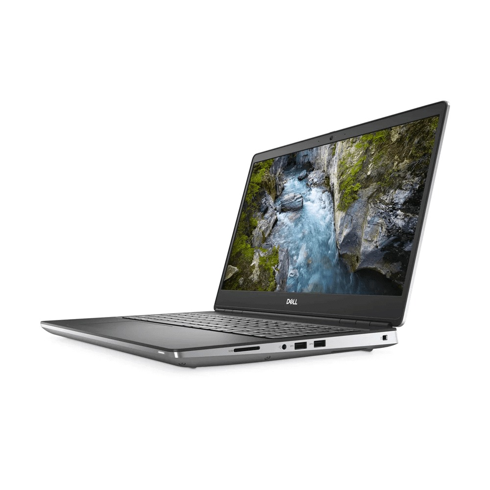 Un ordinateur portable Dell ouvert affiche une rivière traversant une gorge rocheuse sur son écran.