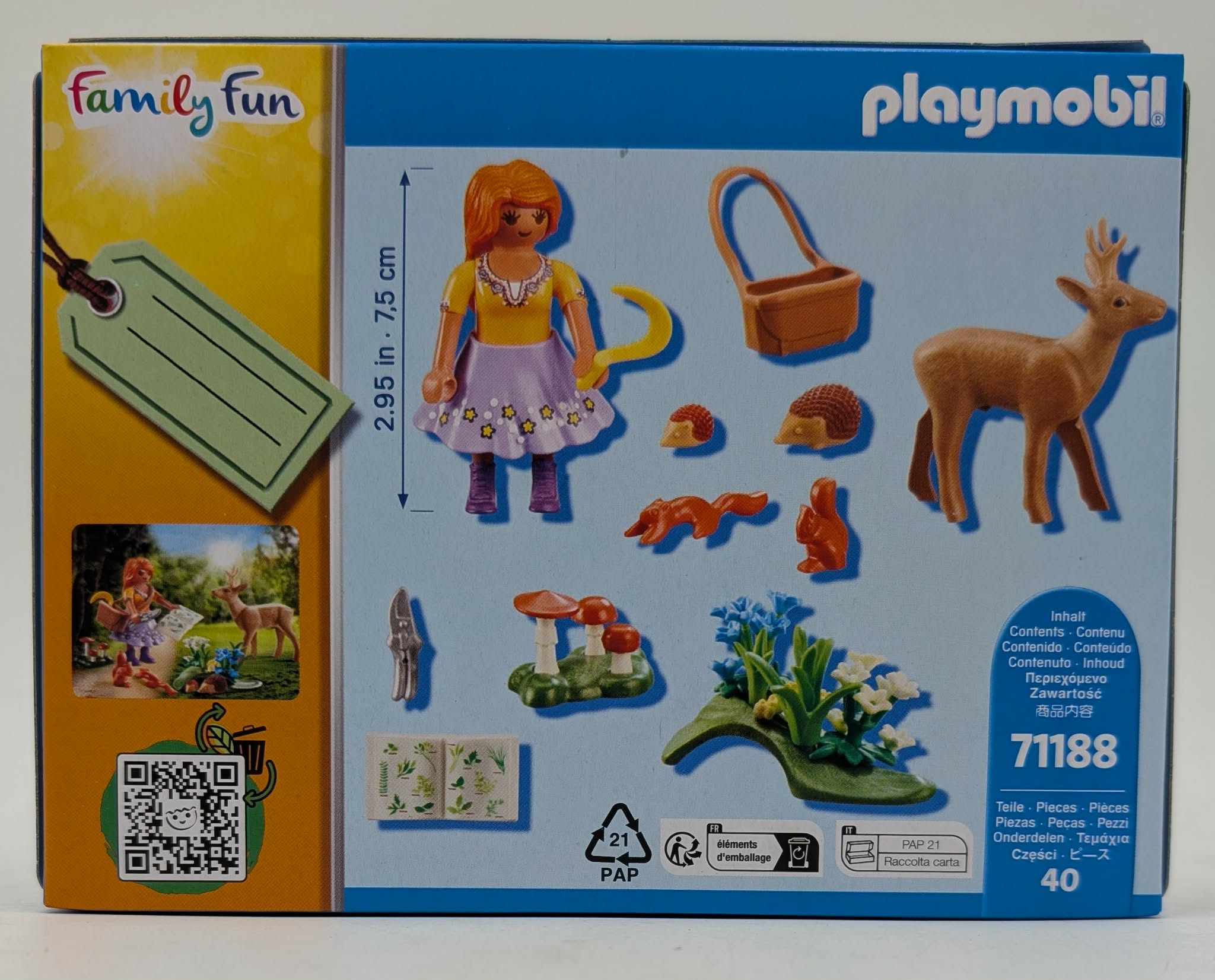 Zestaw Playmobil z figurką dziewczynki, jeleniem, lisem, jeżem, wiewiórką, grzybami i kwiatami.