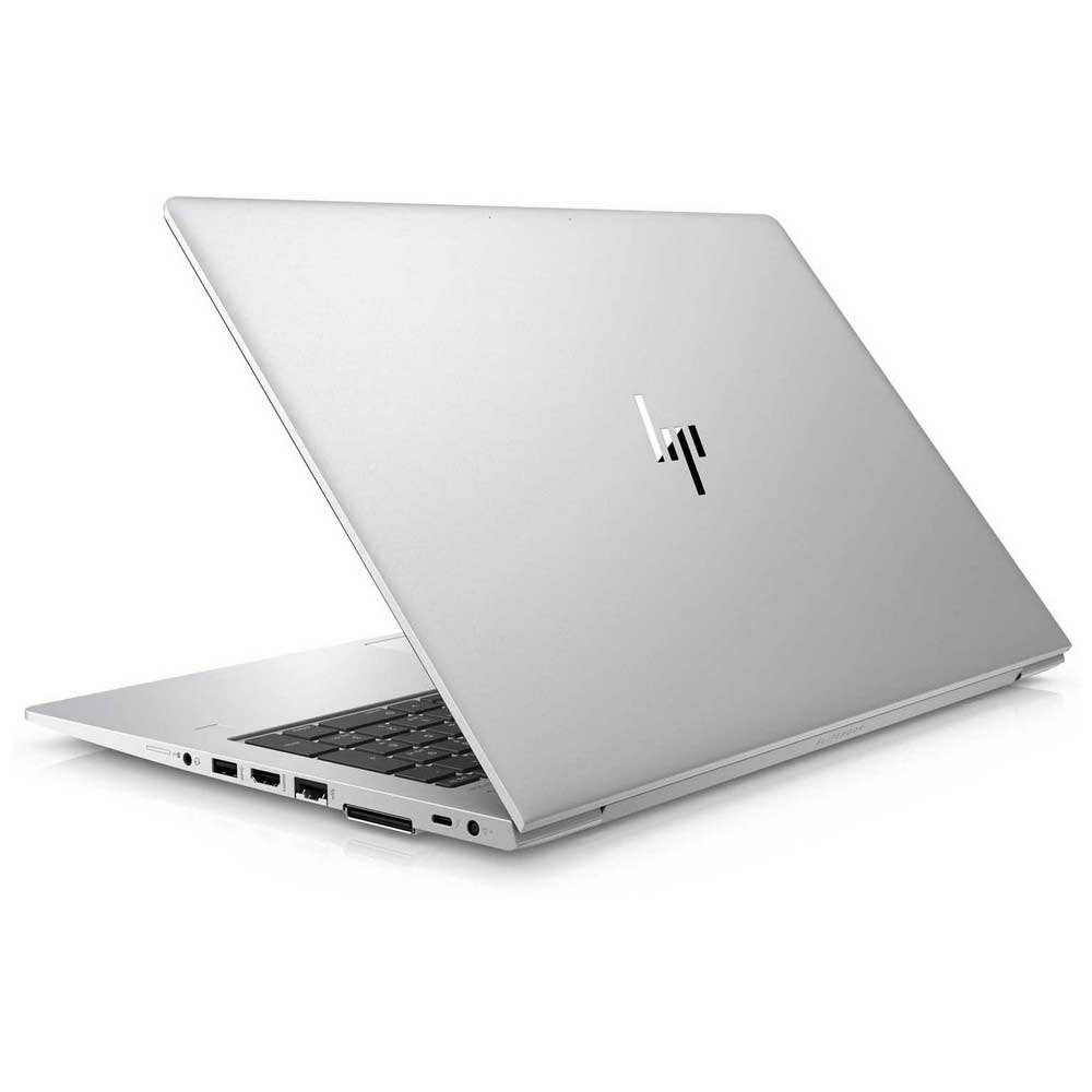 Un ordinateur portable HP argenté, couvercle ouvert, clavier visible, sur fond blanc.