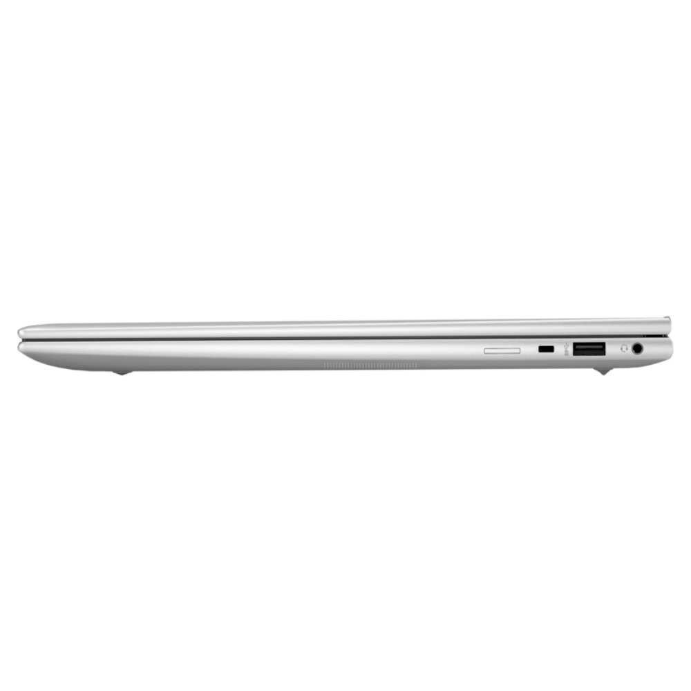 Zijaanzicht van een gesloten zilveren laptop met poorten.