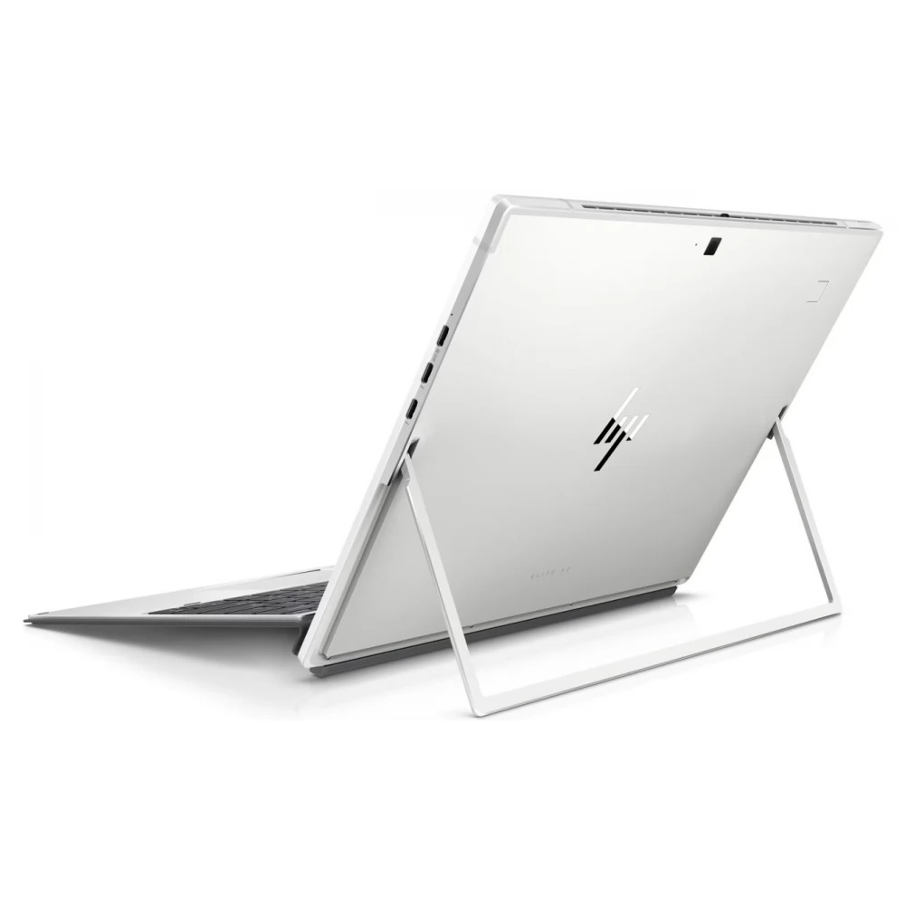 Un convertible HP Elite x2 plateado con soporte, visto desde atrás.