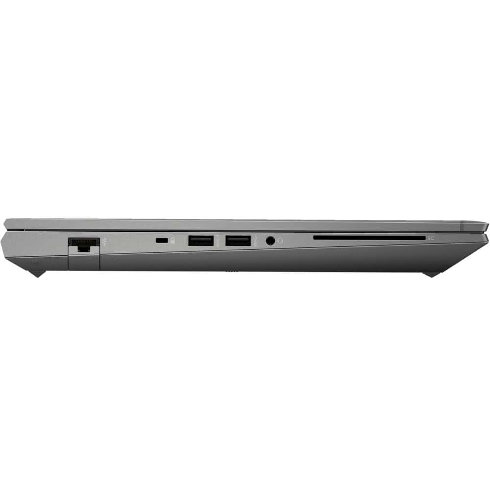 Vista lateral de un portátil gris con puertos: Ethernet, USB-A y lector de tarjetas SD.