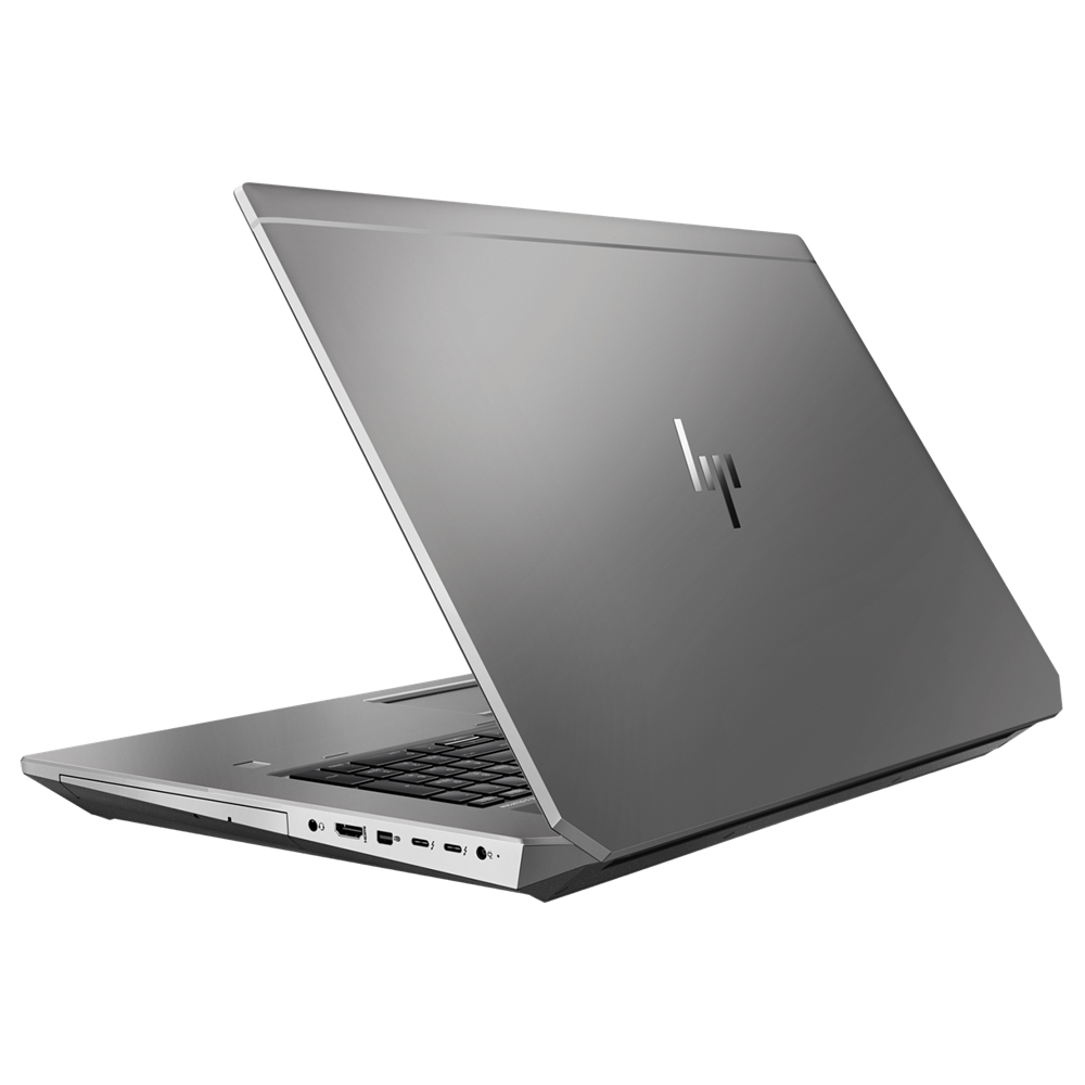 Zilveren HP laptop met open deksel, achterkant en toetsenbord zichtbaar.