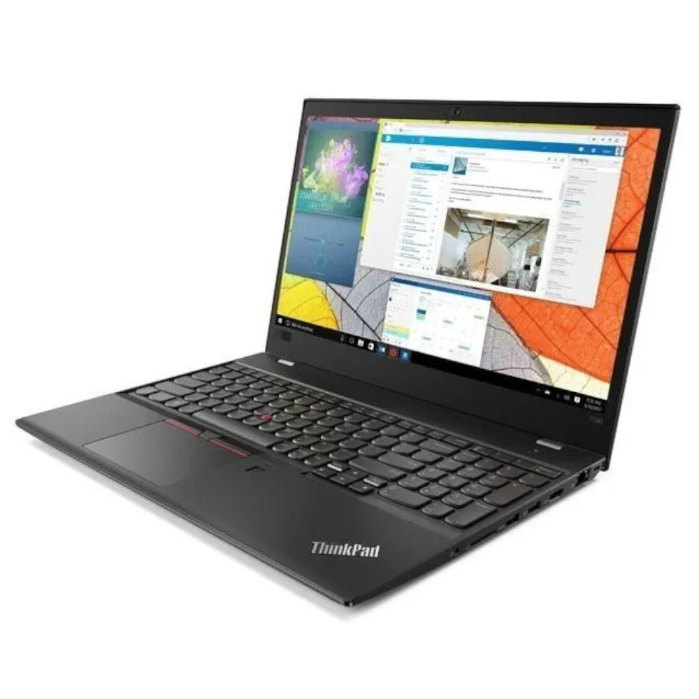 Un ordinateur portable Lenovo ThinkPad noir ouvert avec des fenêtres colorées.