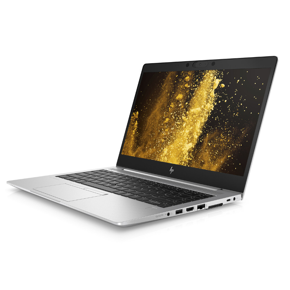 A silver laptop with a black keyboard and a gold dust wallpaper.