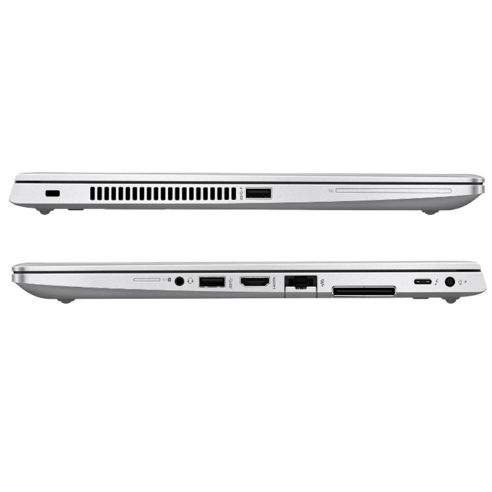 Side view of a silver laptop showing ports: USB, vents, HDMI, SD card reader.