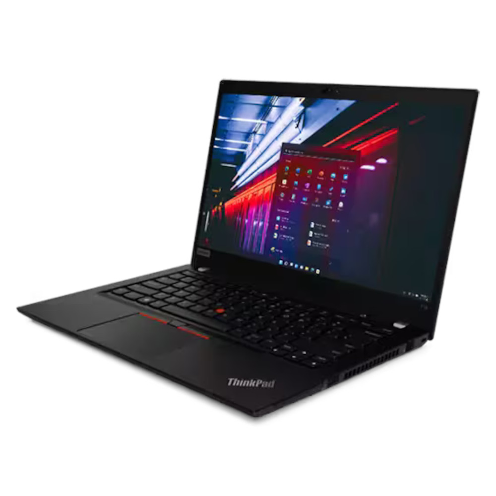Un ordinateur portable ThinkPad noir avec écran allumé affichant une scène numérique colorée.