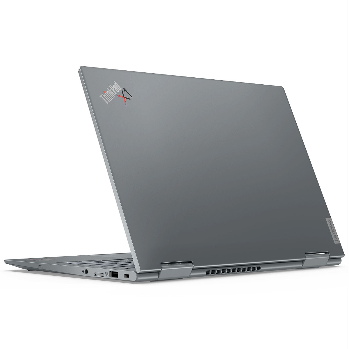 Un ordinateur portable Lenovo ThinkPad X1 Yoga gris est présenté sur fond blanc.
