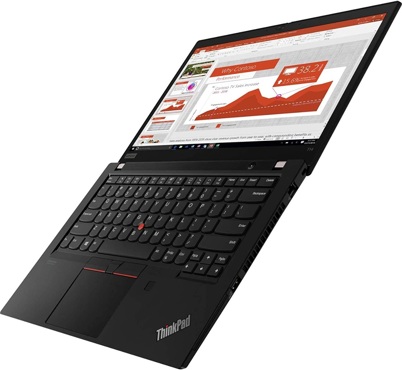 Un ordinateur portable Lenovo ThinkPad noir ouvert, affichant un graphique de performance des ventes.