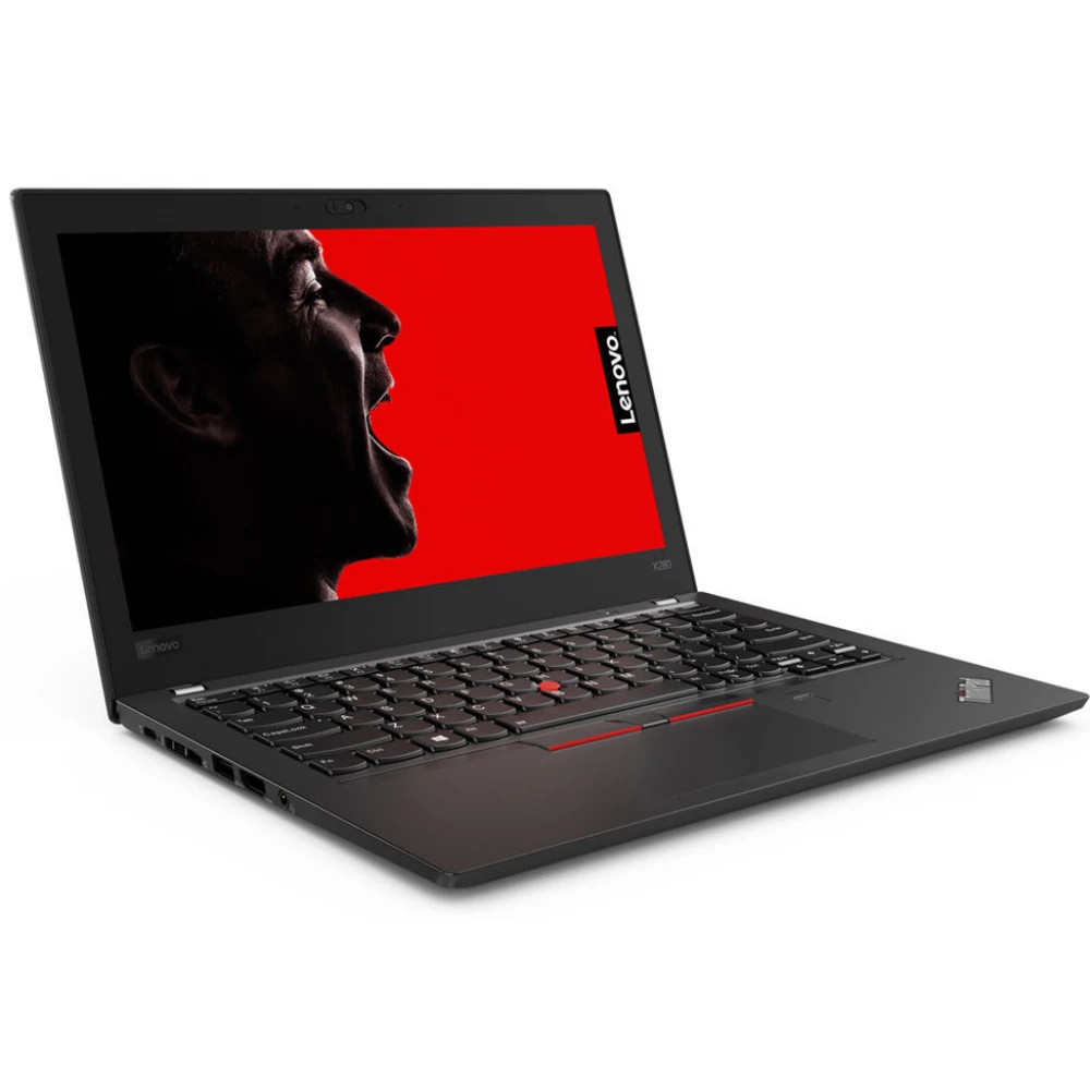 Un ordinateur portable Lenovo ThinkPad noir affiche le profil d'un homme sur fond rouge.