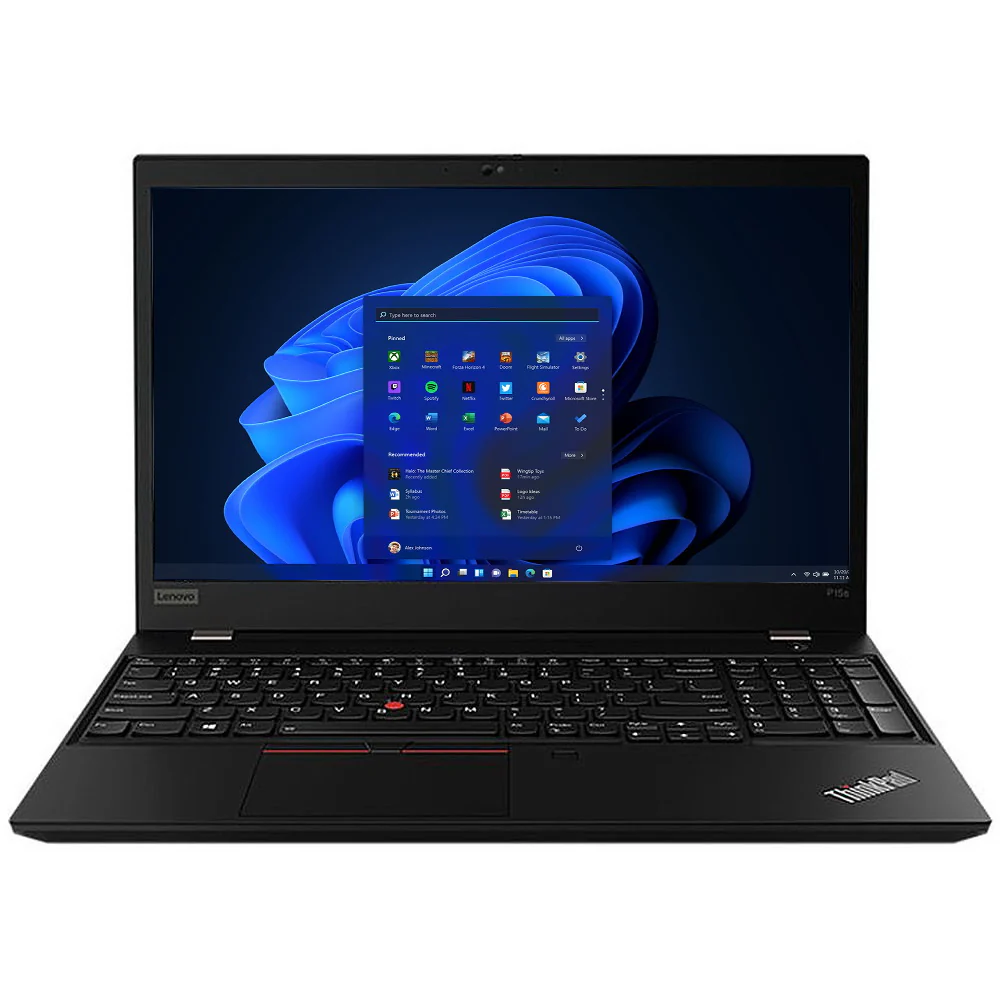 Een zwarte Lenovo ThinkPad laptop met het Windows 11 Startmenu geopend.