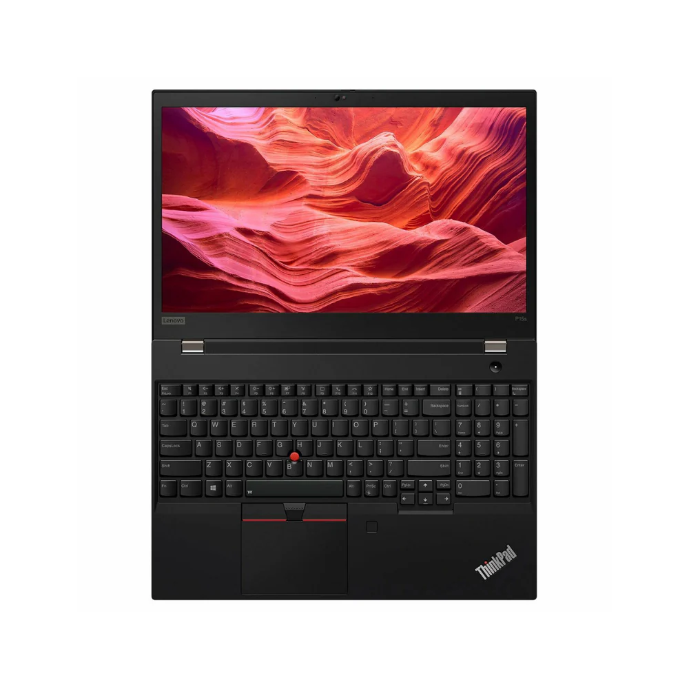 Een open zwarte Lenovo ThinkPad laptop met toetsenbord en scherm.