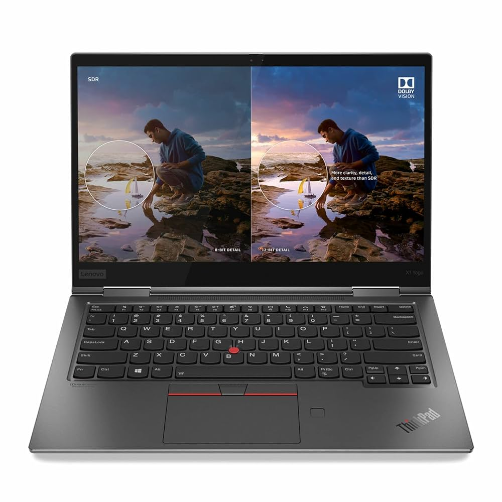 Een Lenovo ThinkPad X1 Yoga laptop toont een scherm dat SDR en Dolby Vision vergelijkt.