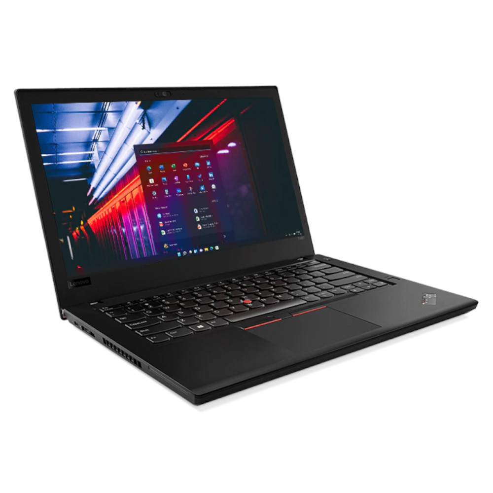Un ordinateur portable Lenovo noir avec écran allumé affichant des icônes logicielles et fond coloré.